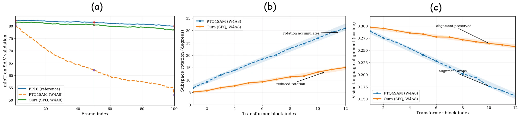 Temporal examples and segmentation comparisons for PTQ4SAM3.