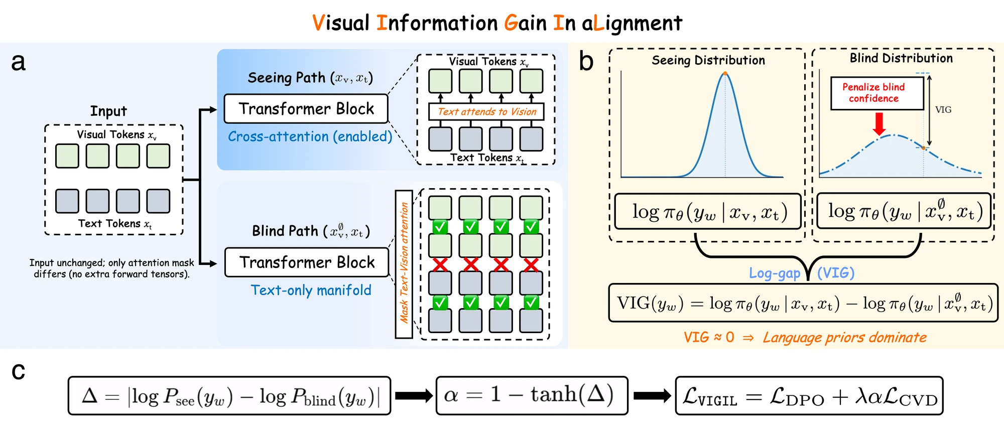 VIGIL method diagram showing dual-path forward pass, visual information gain, and dynamic gating.